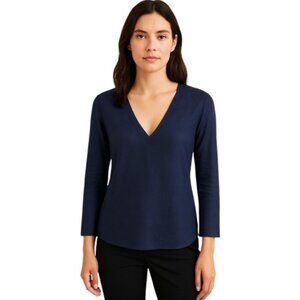 Sandro Paris Medium Large Long Sleeve V Neck Navy Linen Silk Blend Top
